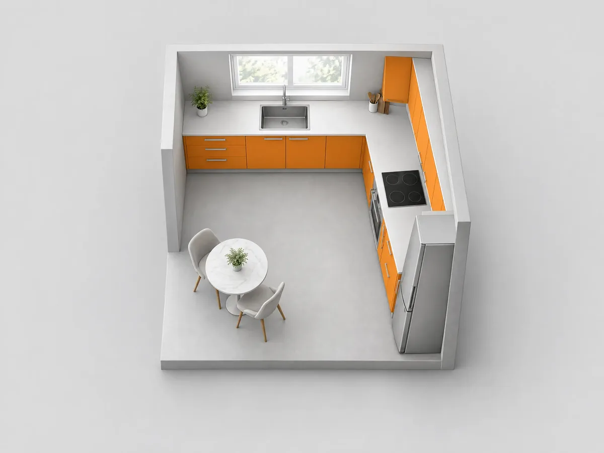 Top-down diagram of a square kitchen with cabinets in an L along two walls, a sink under a window and a small table in the open corner