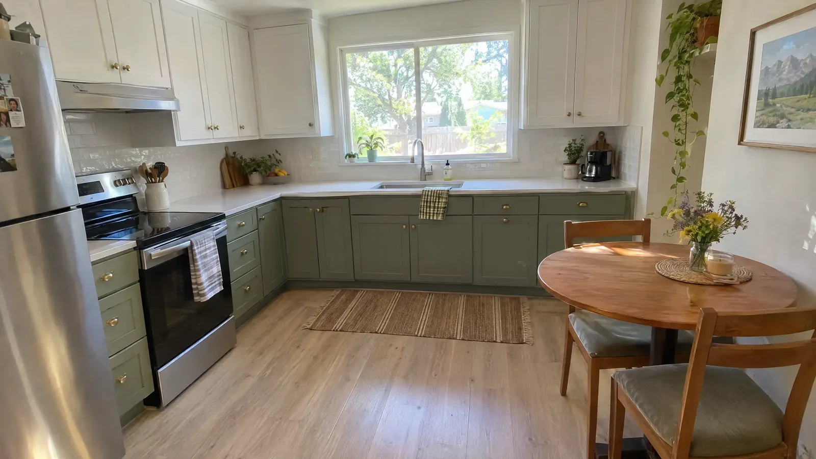 A small square kitchen with sage green lower cabinets in an L, white uppers, a window over the sink and a round table in the corner
