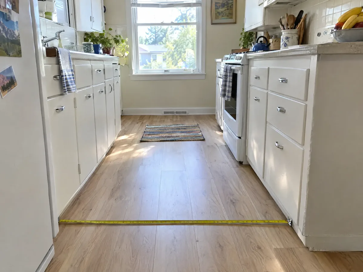 A narrow kitchen with cabinets on two facing walls and a tape measure stretched across the floor between them