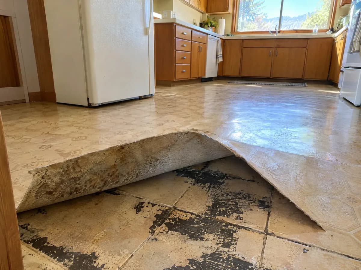 Worn sheet vinyl peeled back at a corner to show older square floor tiles with black adhesive underneath