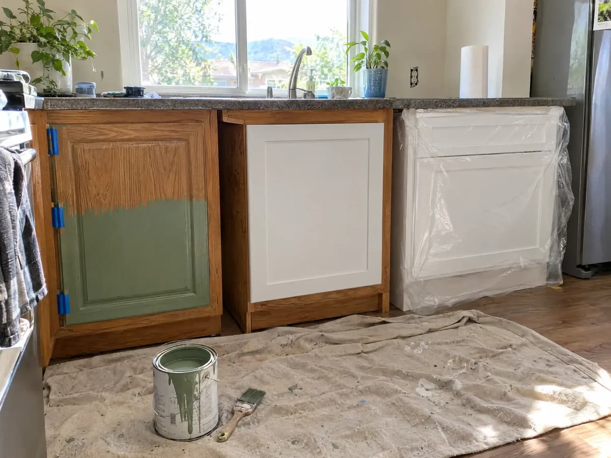 Three base cabinets side by side: an oak door half painted sage green, an oak box with a new white door, and a new cabinet still wrapped