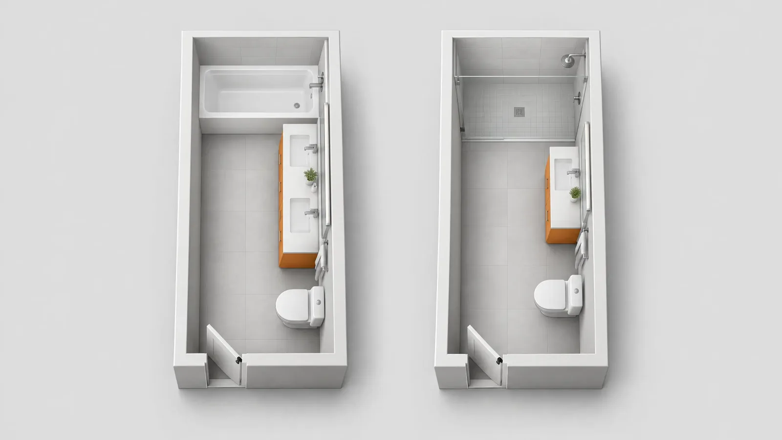 Two top-down 5x10 bathroom layouts: a tub with a double vanity and toilet, and a walk-in shower with a single vanity and toilet