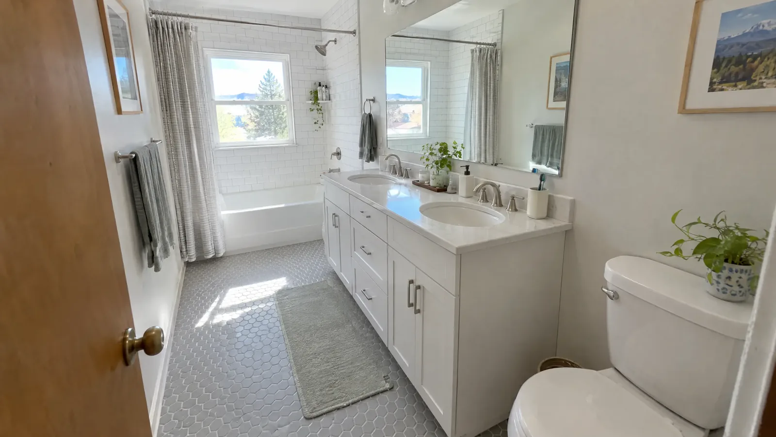 A remodeled five by ten foot hall bathroom with a tub across the far wall, a long double vanity and a toilet