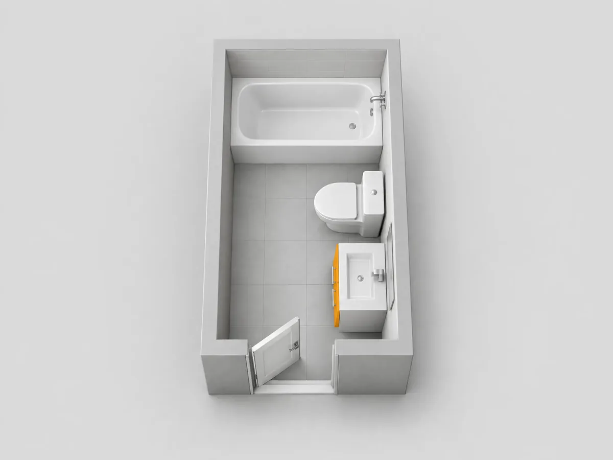 A top-down render of a 5x7 bathroom: a tub across the far short wall, a toilet and a small vanity along one long wall