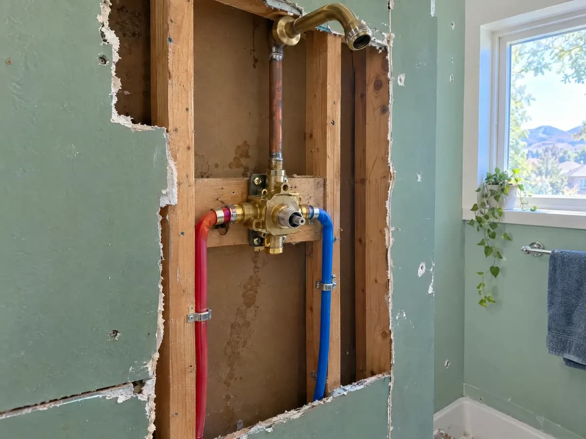 A new brass shower valve mounted between wall studs with red and blue PEX water lines, the old green drywall cut back