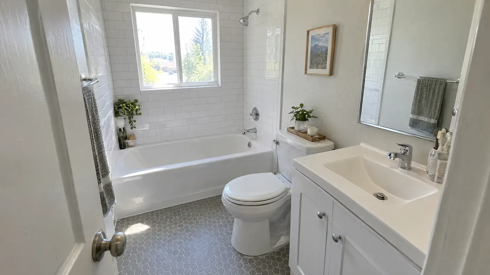 A small remodeled 5x7 hall bathroom with a white tub and subway tile surround, a vanity and toilet side by side