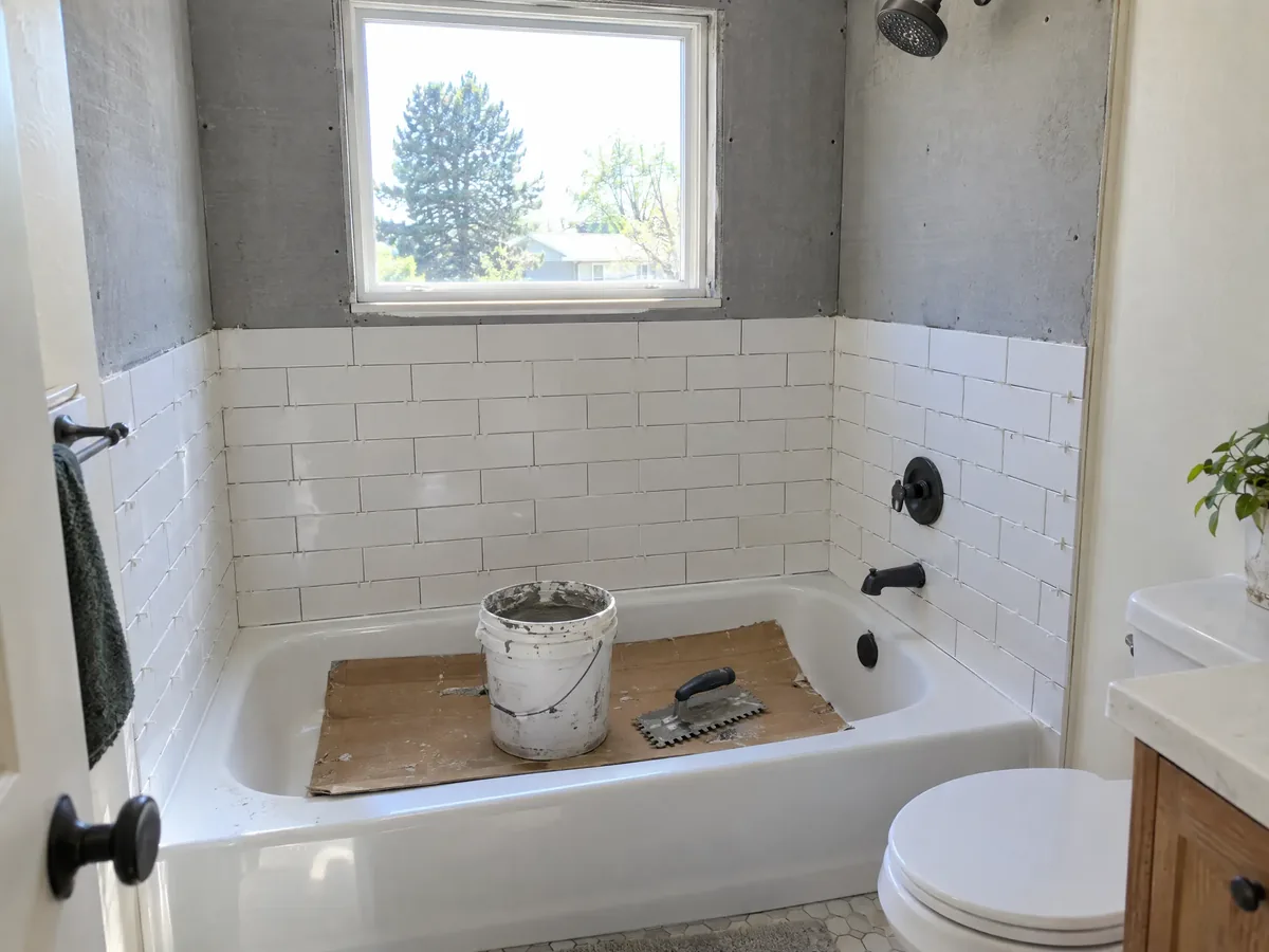 A tub surround half tiled with white subway tile and spacers, cement board above, a bucket of thinset on cardboard over the new tub
