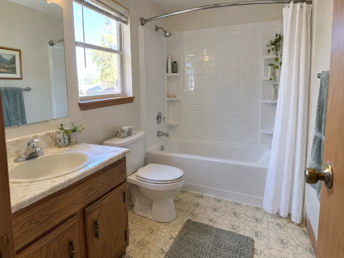 A hall bathroom with a glossy white one-piece acrylic tub and wall surround with molded shelves, the old vanity beside it