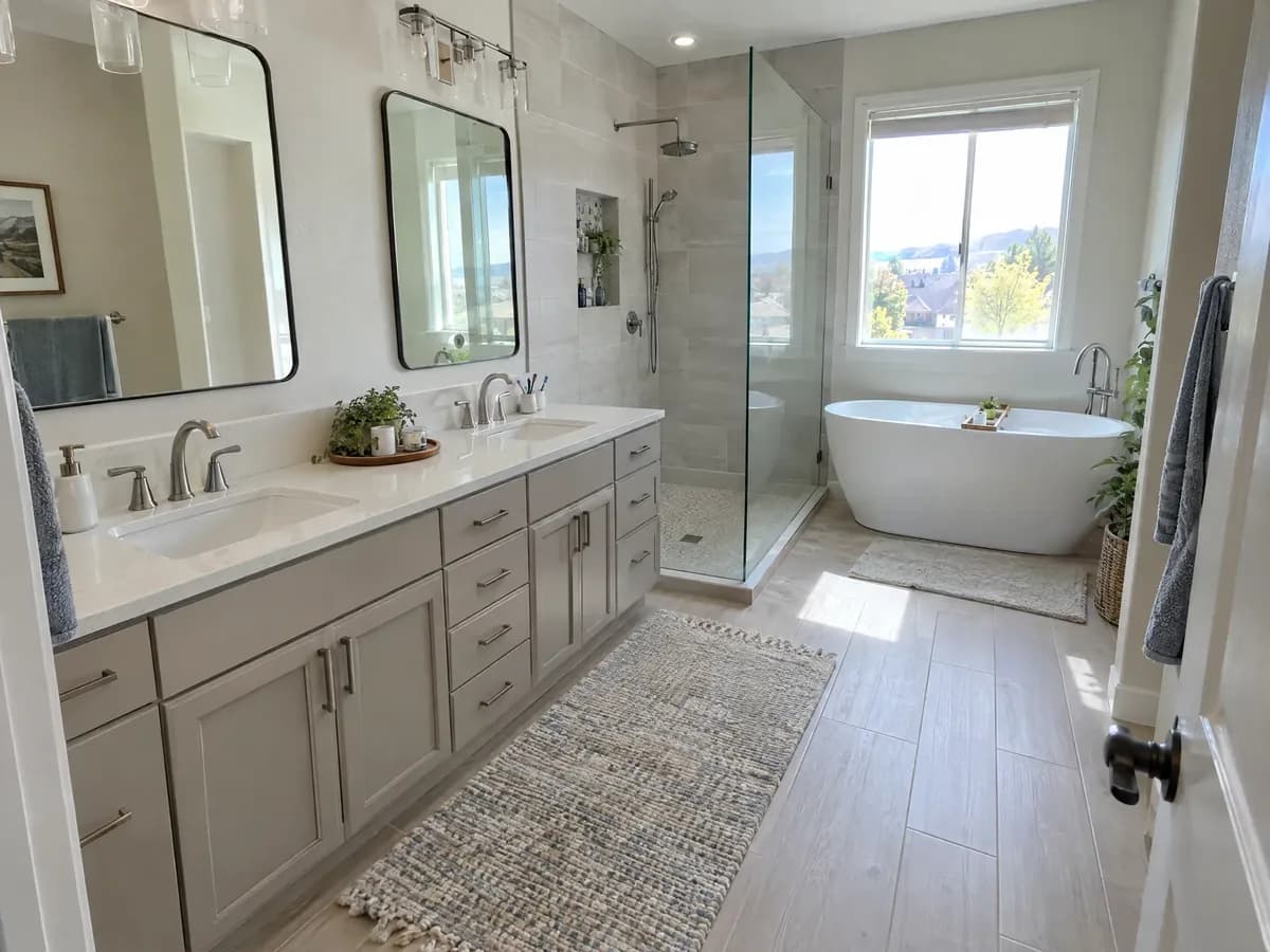 A remodeled primary bathroom with a double vanity, a frameless glass walk-in shower and a freestanding tub under a window