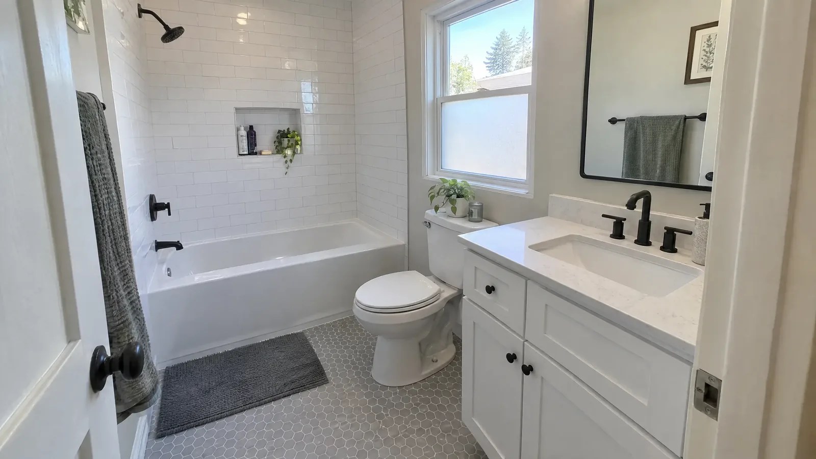 A remodeled hall bathroom with a white subway tile tub surround, a white shaker vanity and a gray hexagon tile floor