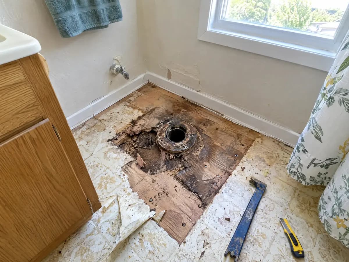A bathroom subfloor cut open around the toilet drain, dark and soft with old water damage