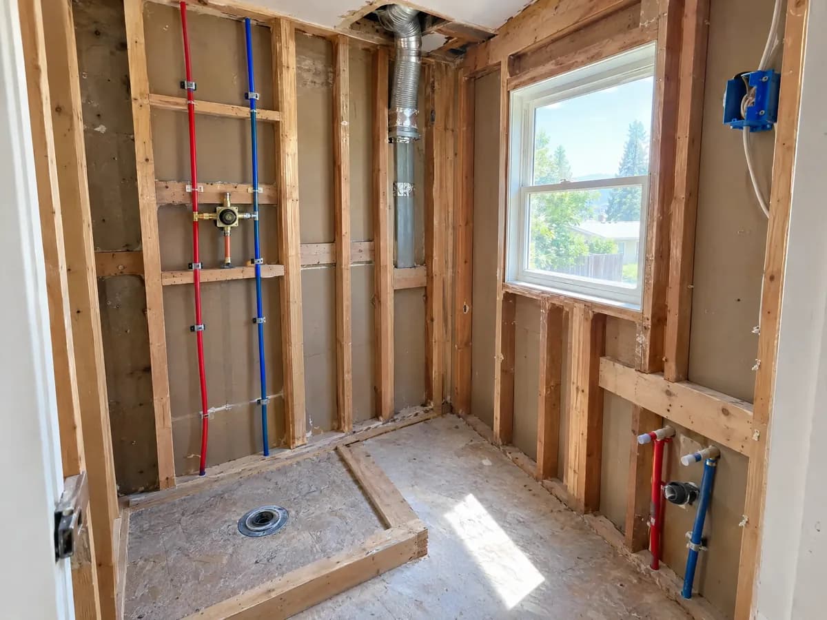 A small bathroom stripped to the studs with new water lines, a new shower valve, an electrical box and a fan duct
