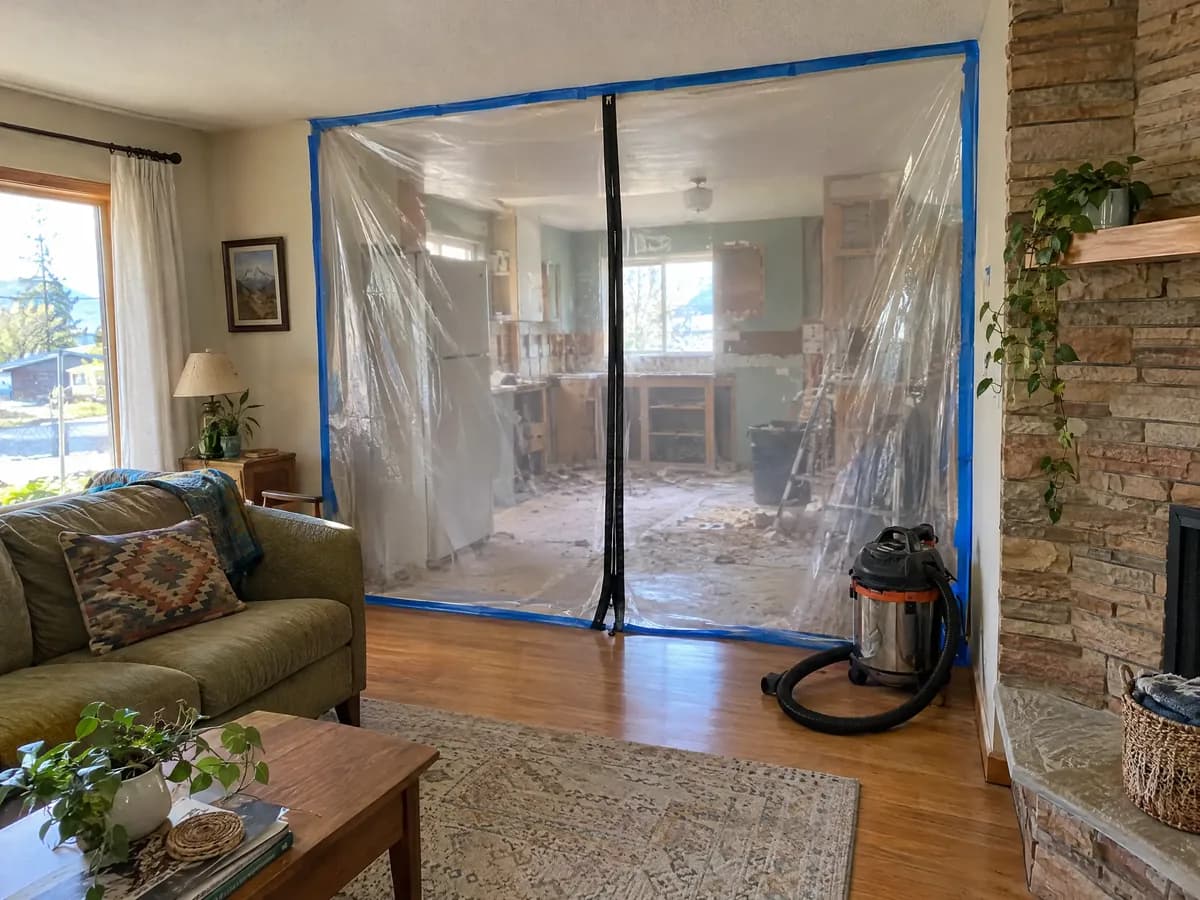 A kitchen doorway sealed with clear plastic sheeting and a zipper door, a shop vacuum beside it, the living room in front