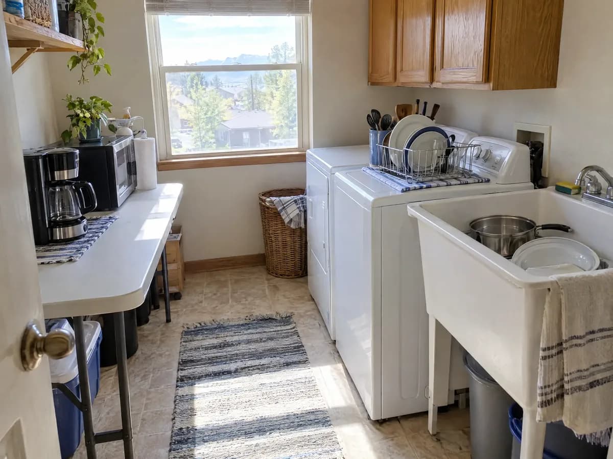 A laundry room used as a temporary kitchen: dishes drying in a utility sink, a dish rack on the dryer, a microwave and coffee maker on a folding table