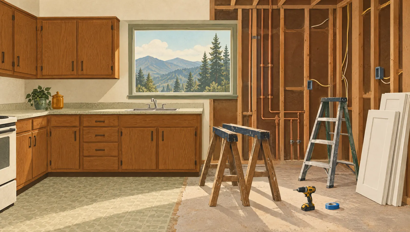 Illustration of a kitchen mid-remodel: old oak cabinets on one side, bare studs, copper pipes and sawhorses on the other