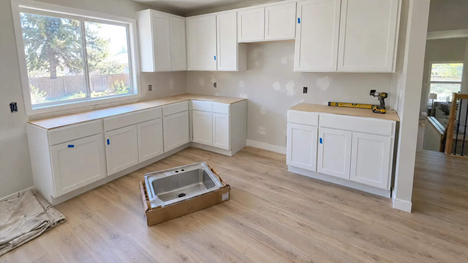 A kitchen halfway through a remodel: new white shaker cabinets in, bare plywood where the counters will go, a new sink still in its box on the floor