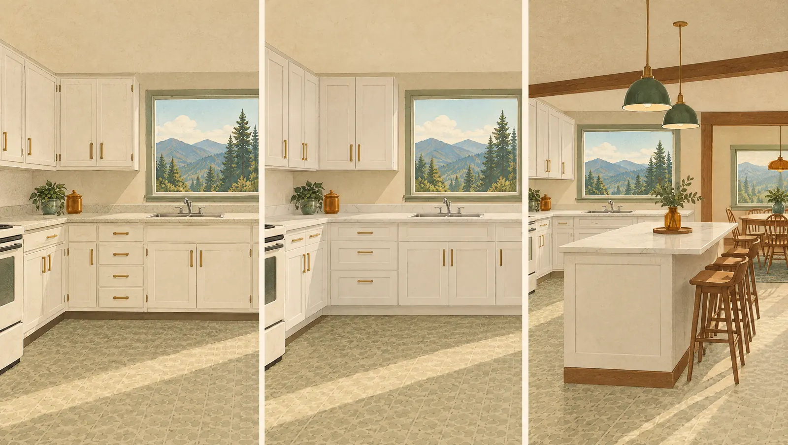 Illustration of the same kitchen three ways: a refresh, a cabinet replacement, and a renovation with an island