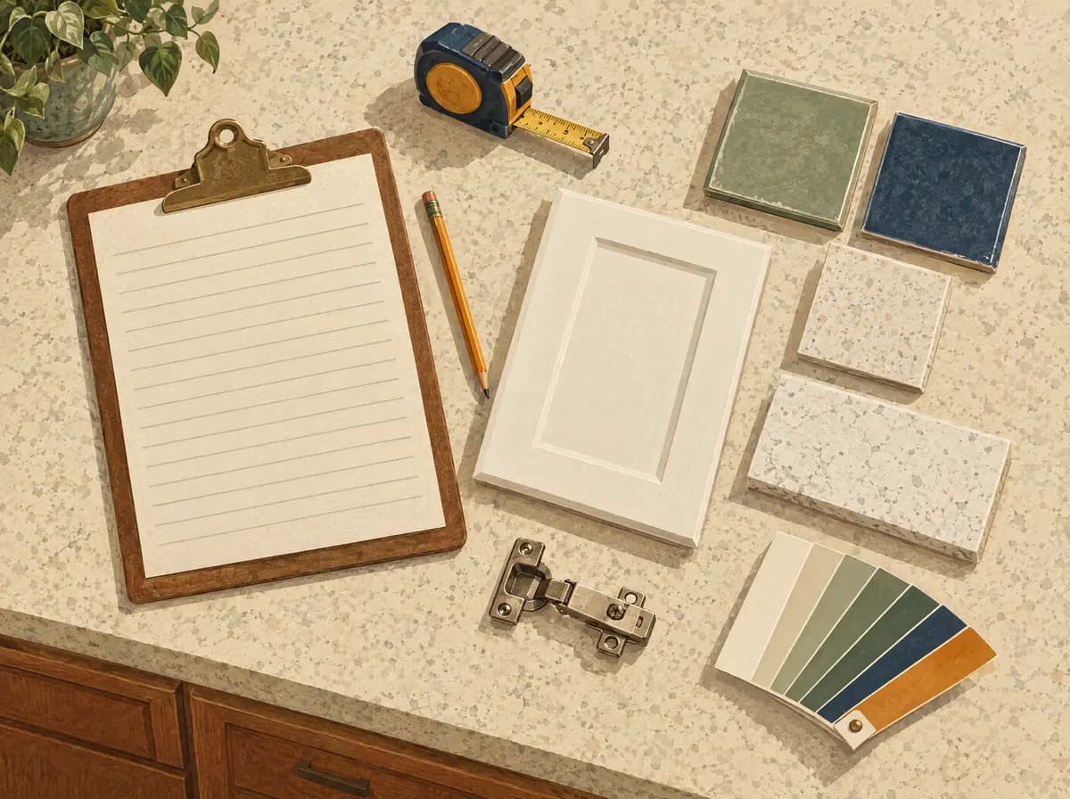Illustration of kitchen remodel planning on a counter: clipboard, tape measure, cabinet door sample, tile and quartz samples