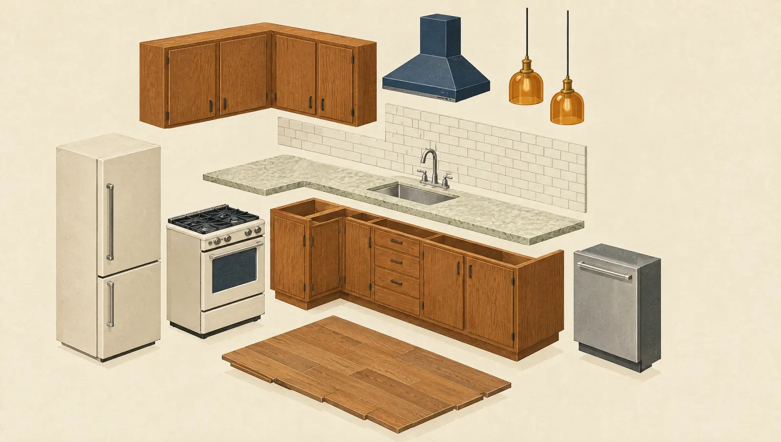 Exploded-view illustration of kitchen parts: cabinets, countertop, backsplash, sink, range, refrigerator, hood, lights and flooring