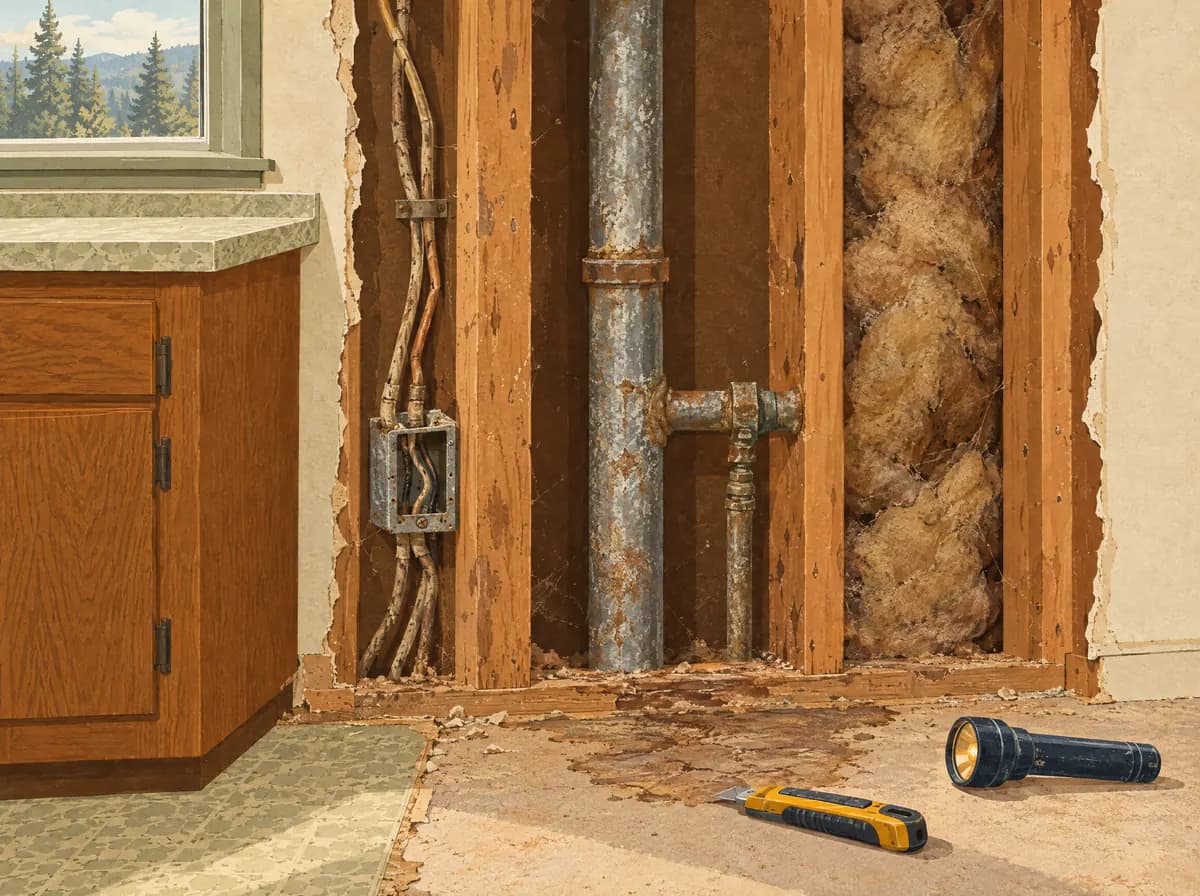 Illustration of an opened kitchen wall showing old cloth-wrapped wiring, a corroded galvanized pipe and water-stained subfloor
