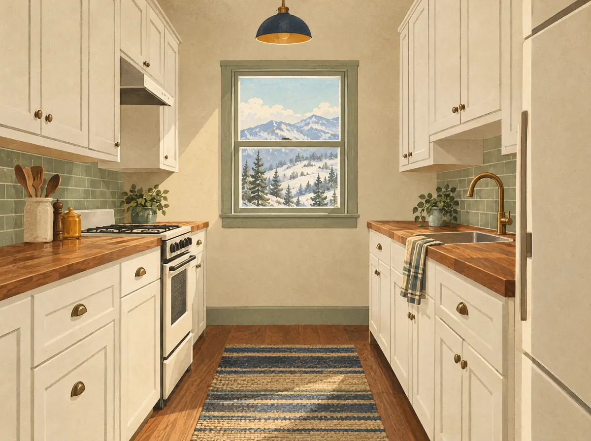 Illustration of a small remodeled galley kitchen with white shaker cabinets and butcher-block counters