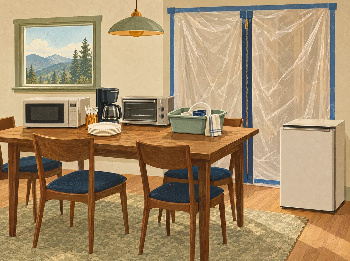 Illustration of a temporary kitchen on a dining table: microwave, coffee maker, toaster oven and a dish tub, with a dust barrier behind