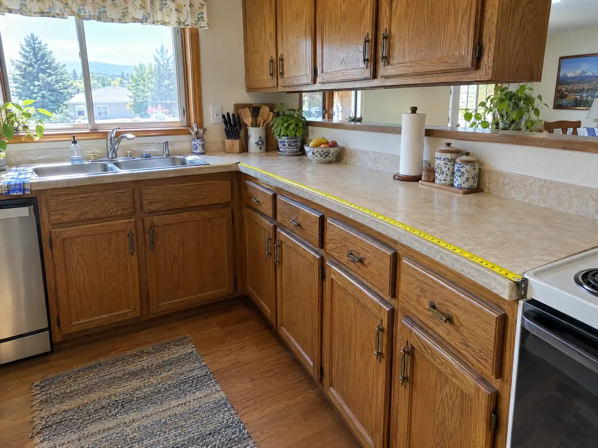 A tape measure stretched along an L-shaped run of oak base cabinets to count linear feet