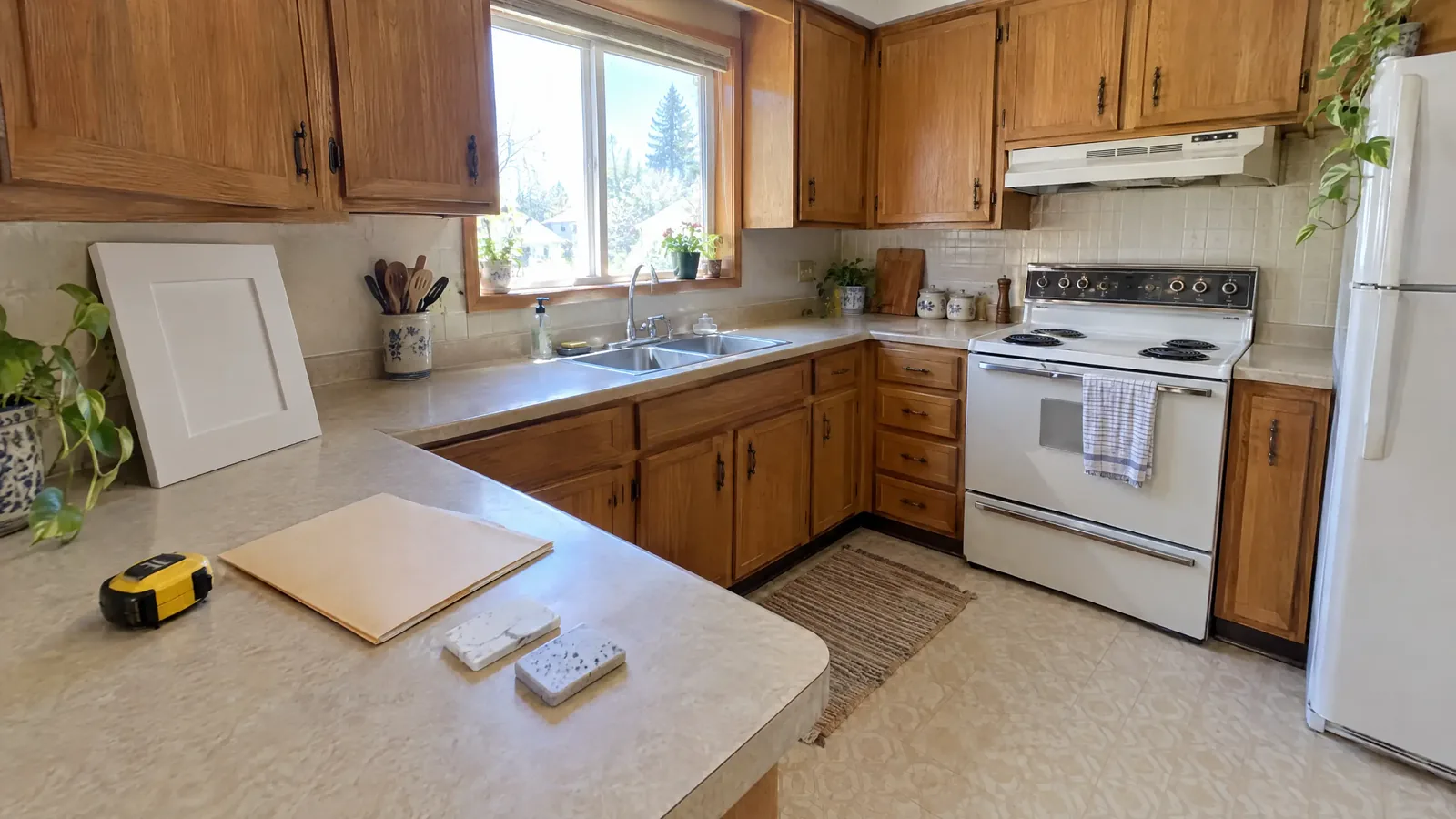 A dated oak kitchen ready for an estimate: a tape measure, a folder, a white cabinet door sample and two quartz chips on the counter
