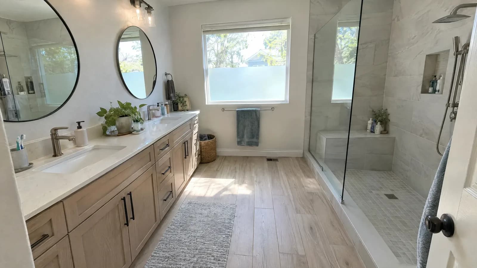 A remodeled primary bathroom with a long double vanity and a large walk-in shower with a bench and a frameless glass panel