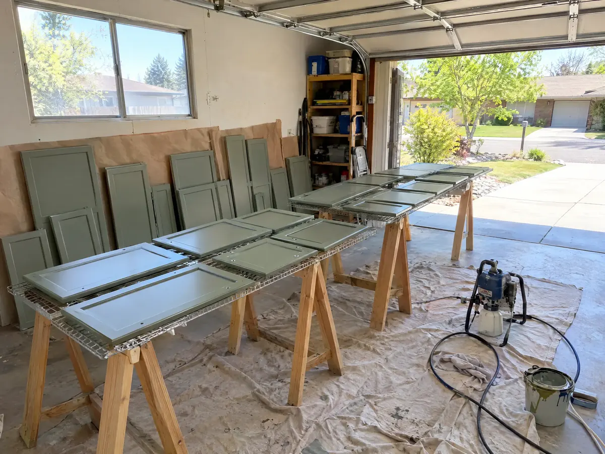 A garage full of cabinet doors freshly sprayed sage green, drying on racks and sawhorses, a paint sprayer on the floor