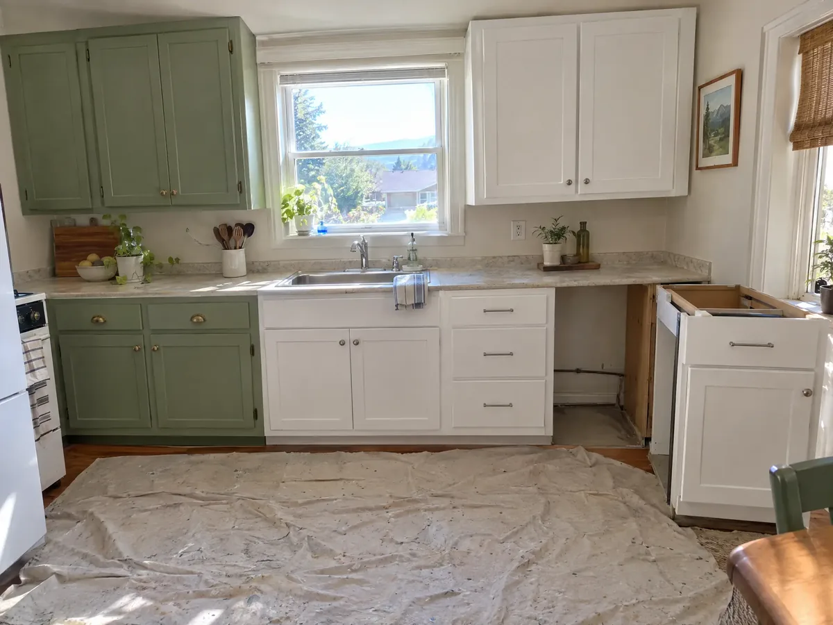 One run of kitchen cabinets three ways: painted sage green, new white doors, and a base cabinet pulled out to leave a gap