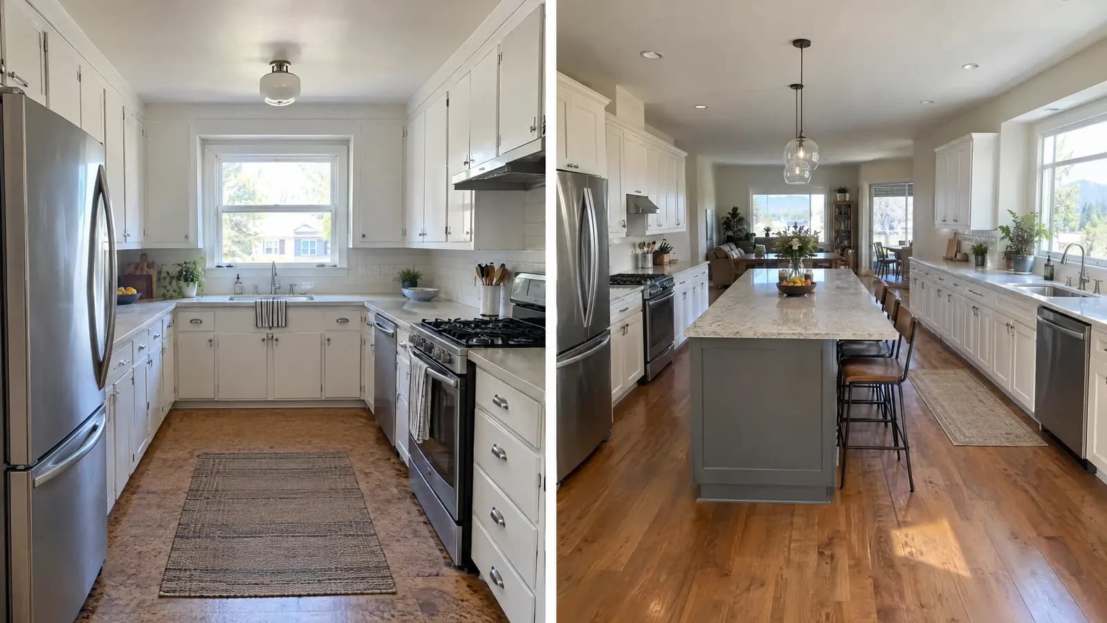 Two kitchens side by side: a small U-shaped kitchen and a big one with an island, both with a stainless fridge, range and dishwasher