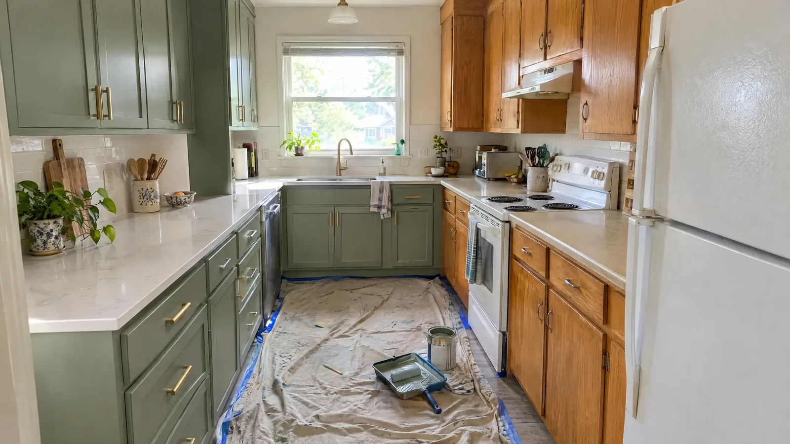 A small kitchen mid-refresh: sage painted cabinets and a new quartz counter on one side, the old oak cabinets still on the other